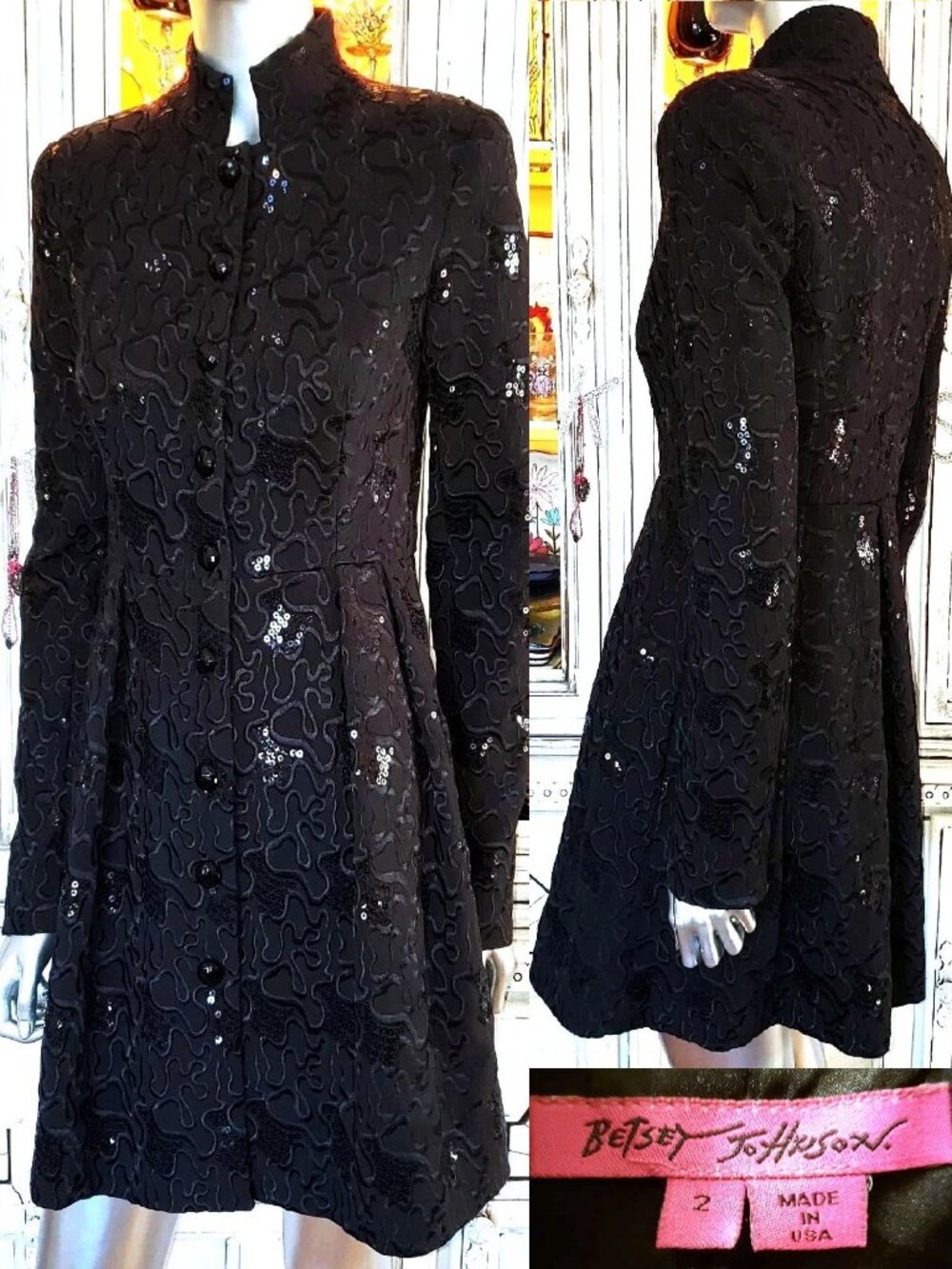 Betsey Johnson Vintage Y2K Black Embroidered Sequin Midi Coat Evening Jacket S